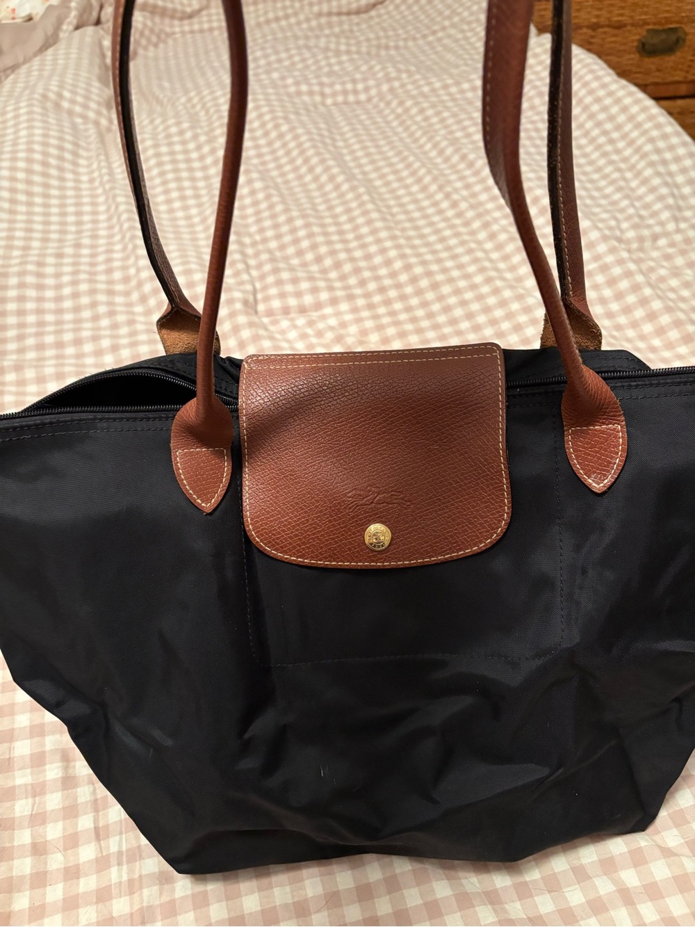 Longchamp Black Nylon Tote with Brown Leather Accents